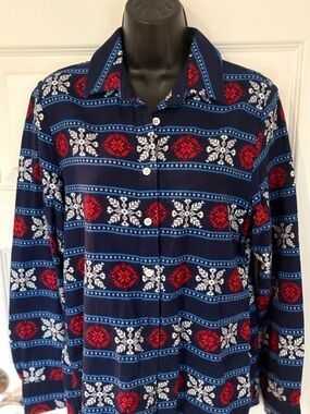 Lands' End Navy Flannel with Red and White Fair Isle Pattern